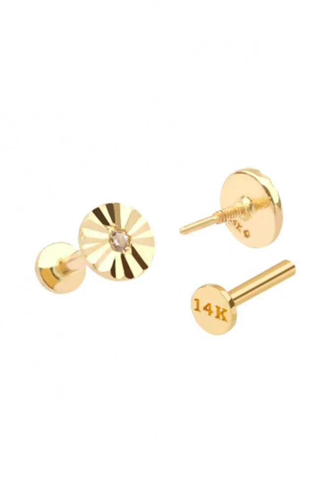 14K Real Gold Mini Point Real Diamond Cutting Round Plate Forward Helix Cartilage Tragus Inner Conch Ear Stud Post Internally Th