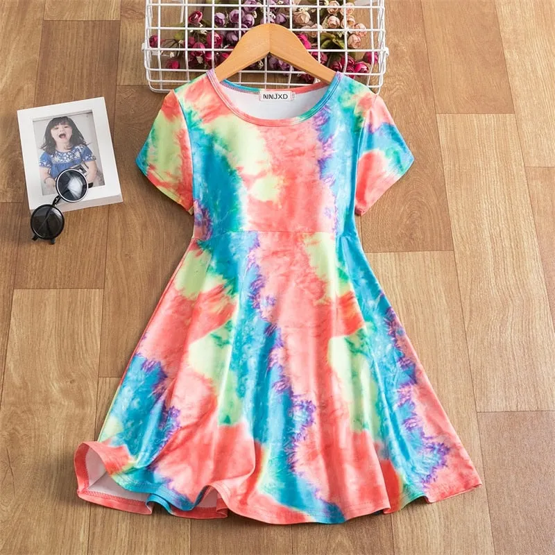 3 4 5 6 7 8 Year Girls Dresses Bohemian Tie Dye Princess Dress For Kids Summer Beachwear Children Party Costume Rainbow Clothing