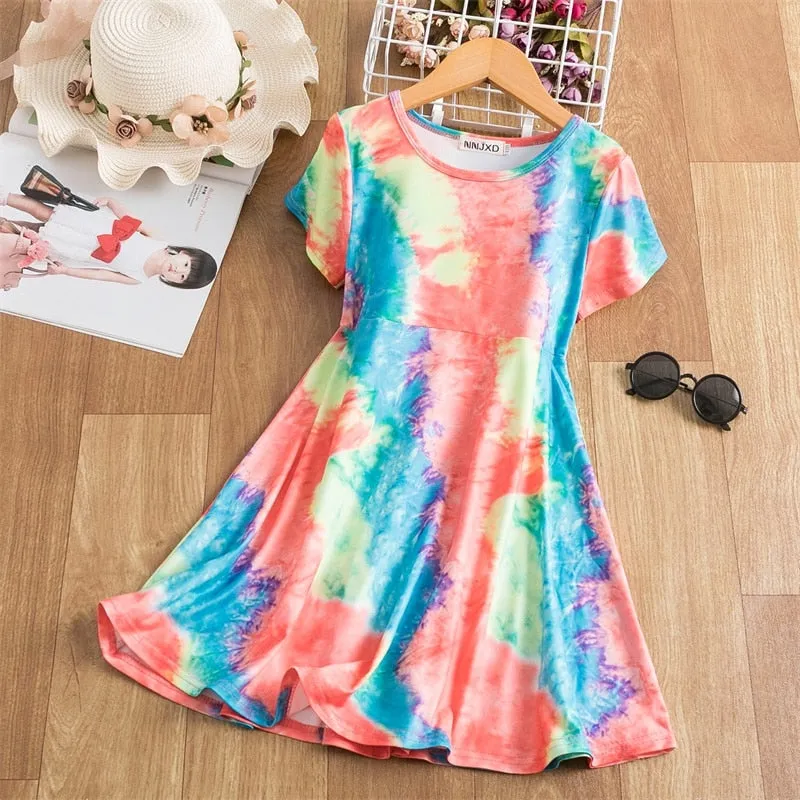 3 4 5 6 7 8 Year Girls Dresses Bohemian Tie Dye Princess Dress For Kids Summer Beachwear Children Party Costume Rainbow Clothing