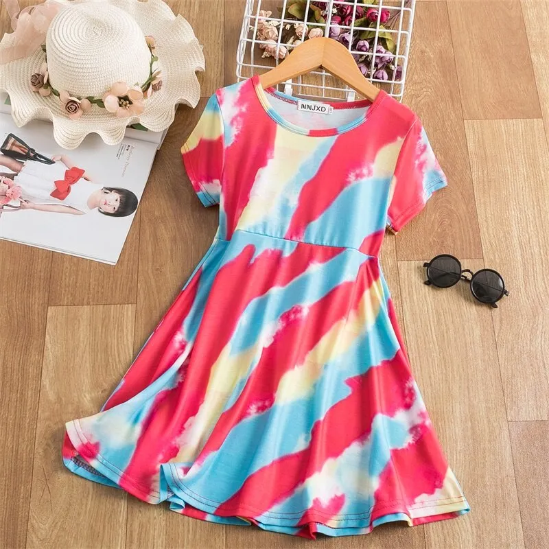 3 4 5 6 7 8 Year Girls Dresses Bohemian Tie Dye Princess Dress For Kids Summer Beachwear Children Party Costume Rainbow Clothing