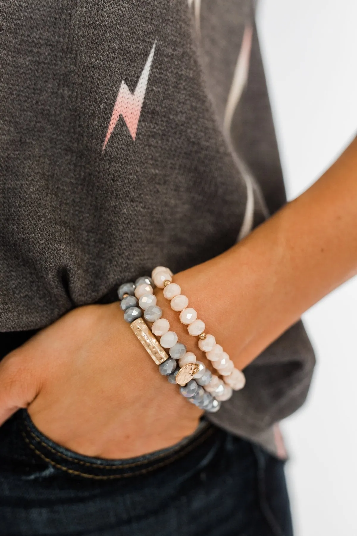 3 Stack Bracelet Set- Blush & Grey