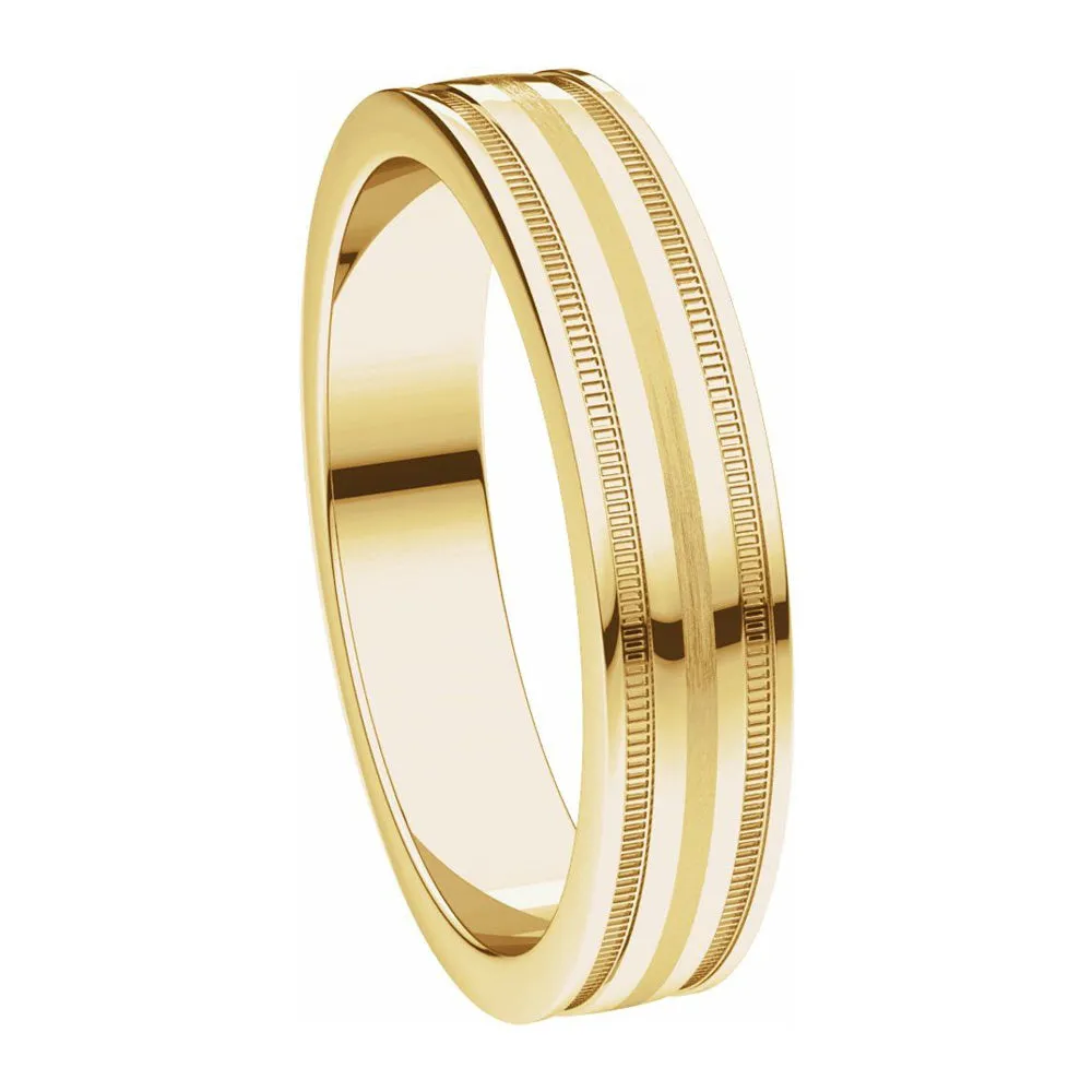 4mm 14K Yellow Gold Flat Edge Satin Center Milgrain Comfort Fit Band