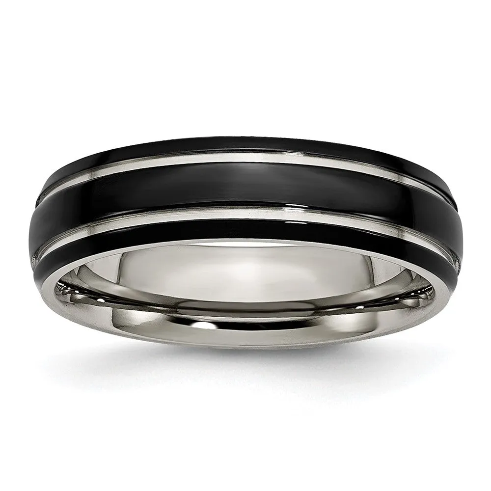 6mm Titanium Polished & Black Plated Grooved Standard Fit Band