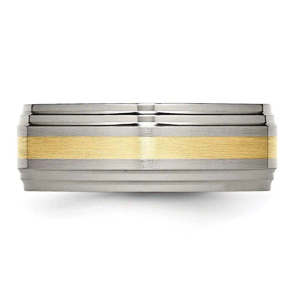 8mm Titanium & 14k Gold Inlay Flat Double Ridge Edge Standard Fit Band