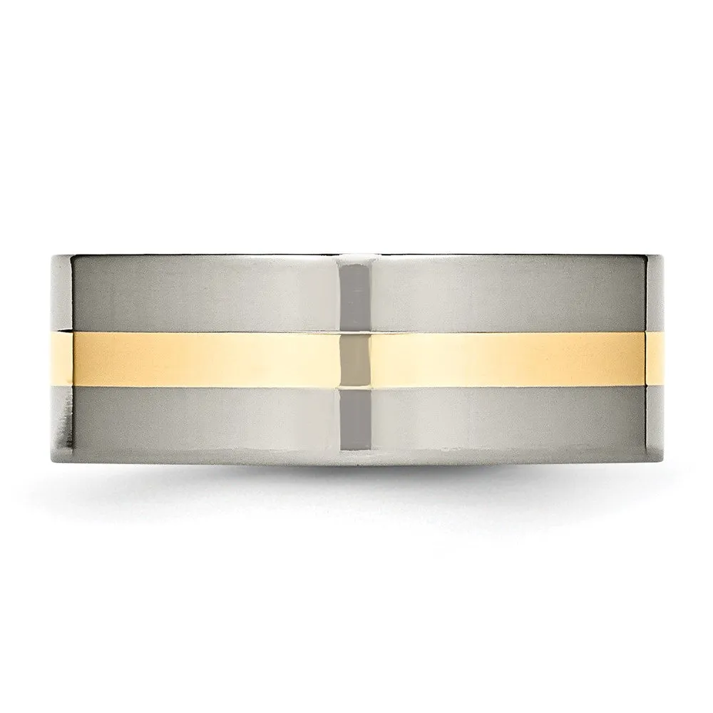 8mm Titanium & 14k Gold Inlay Polished Flat Standard Fit Band