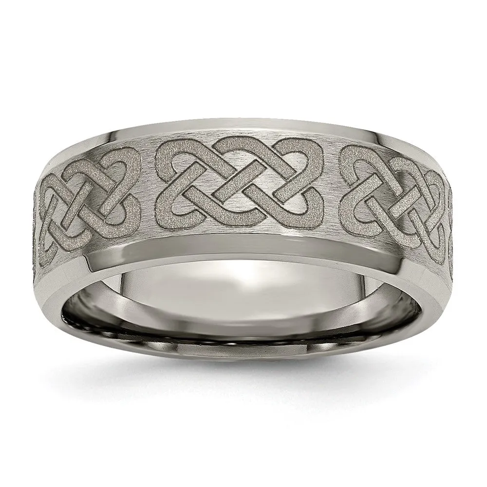 8mm Titanium Laser Etched Celtic Design Beveled Edge Standard Fit Band