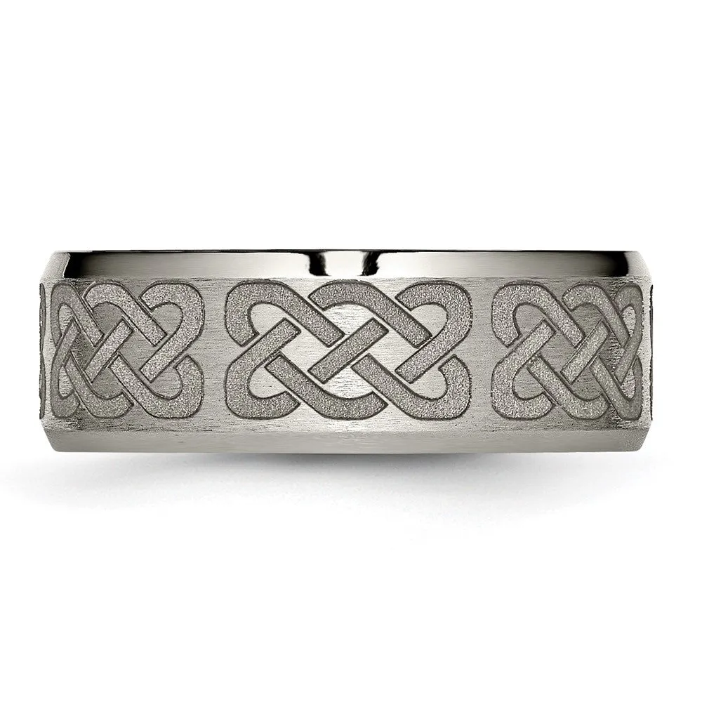 8mm Titanium Laser Etched Celtic Design Beveled Edge Standard Fit Band