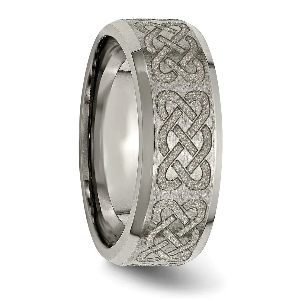 8mm Titanium Laser Etched Celtic Design Beveled Edge Standard Fit Band