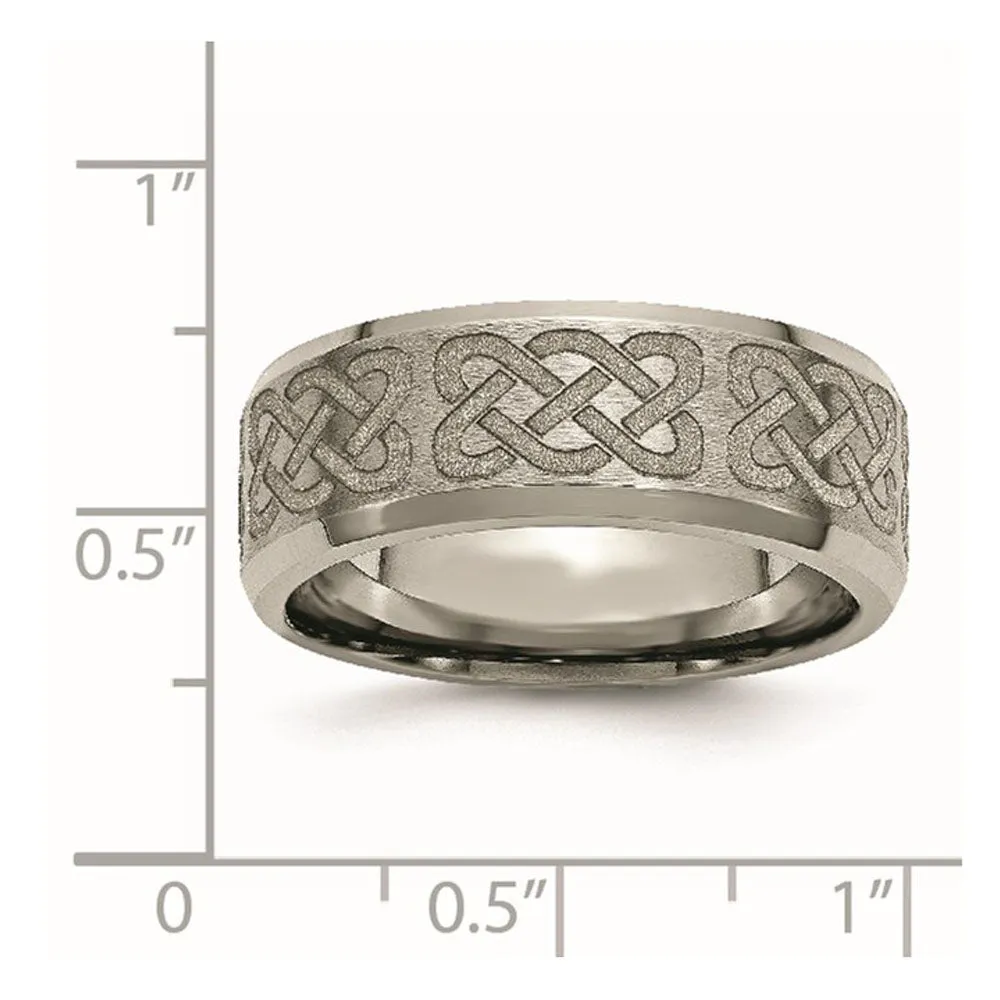 8mm Titanium Laser Etched Celtic Design Beveled Edge Standard Fit Band