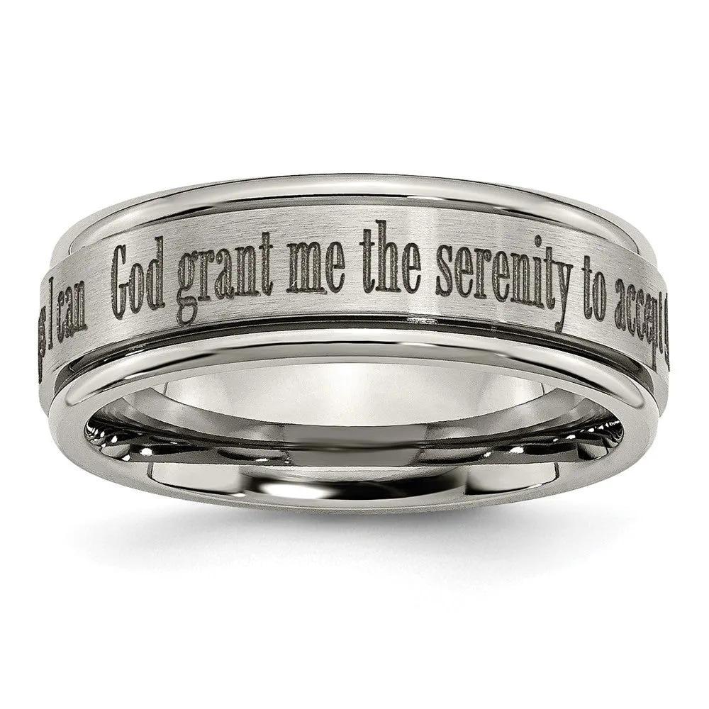 8mm Titanium Lasered Serenity Prayer Grooved Edge Standard Fit Band