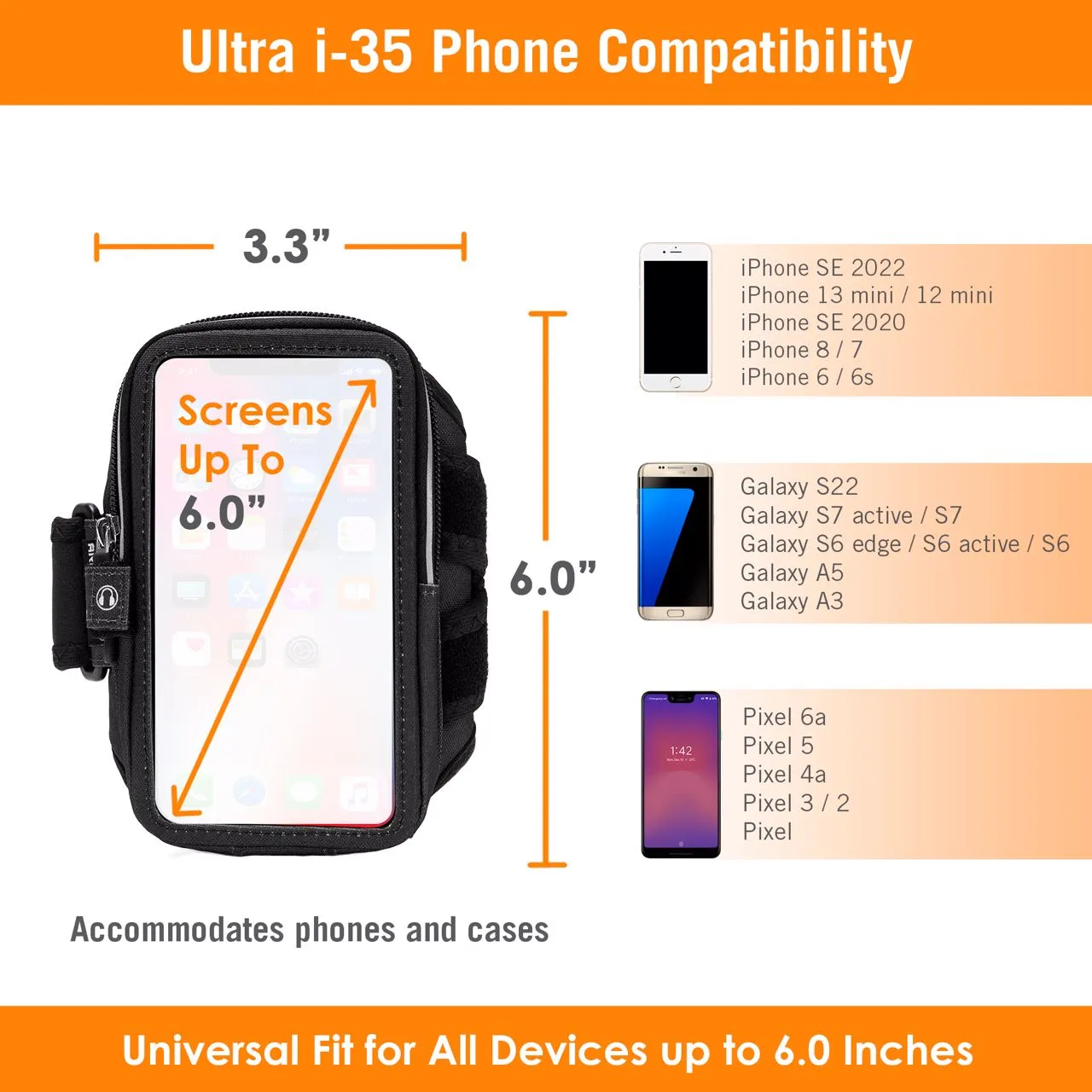 Armpocket Ultra i-35 Smartphone Armband for iPhone 13 mini/12 mini/SE/8, Galaxy S23/S7/S6, Google Pixel 6a & more