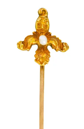 Art Nouveau Natural Freshwater Pearl 14 Karat Gold Scrolled Foliate Green Man Stickpin