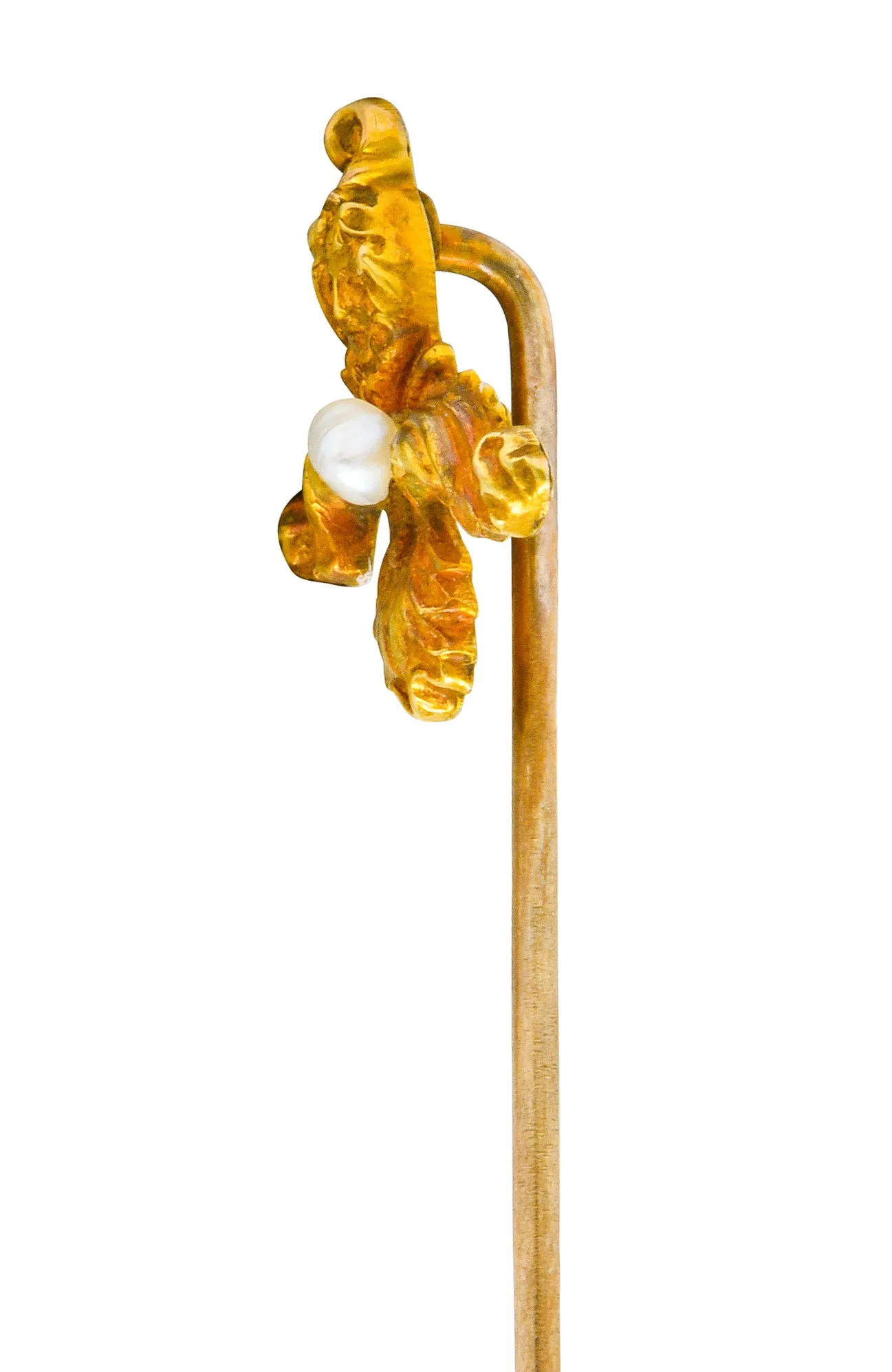 Art Nouveau Natural Freshwater Pearl 14 Karat Gold Scrolled Foliate Green Man Stickpin