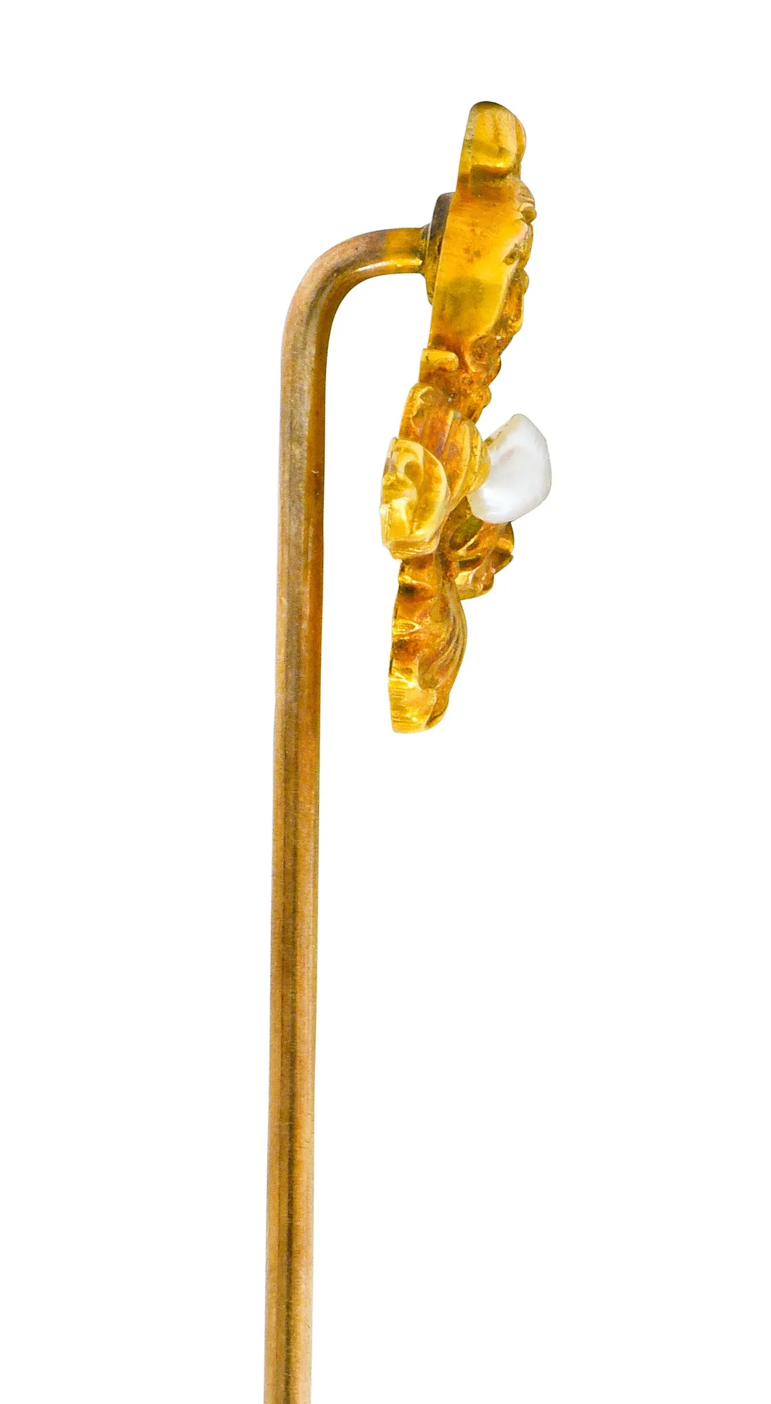 Art Nouveau Natural Freshwater Pearl 14 Karat Gold Scrolled Foliate Green Man Stickpin