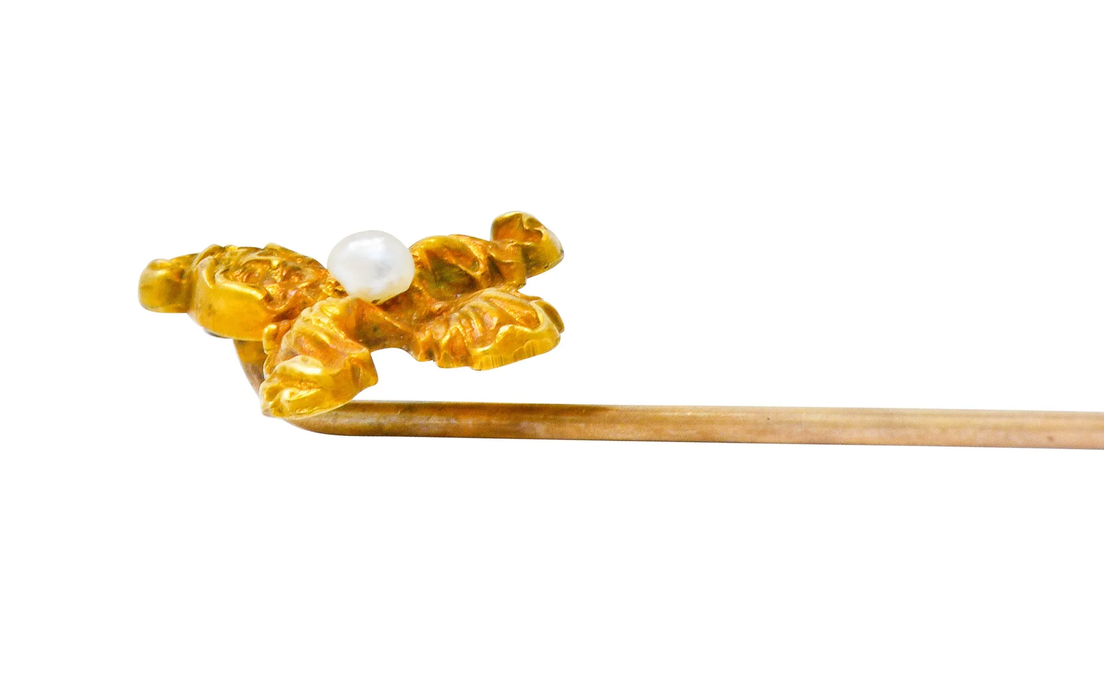 Art Nouveau Natural Freshwater Pearl 14 Karat Gold Scrolled Foliate Green Man Stickpin