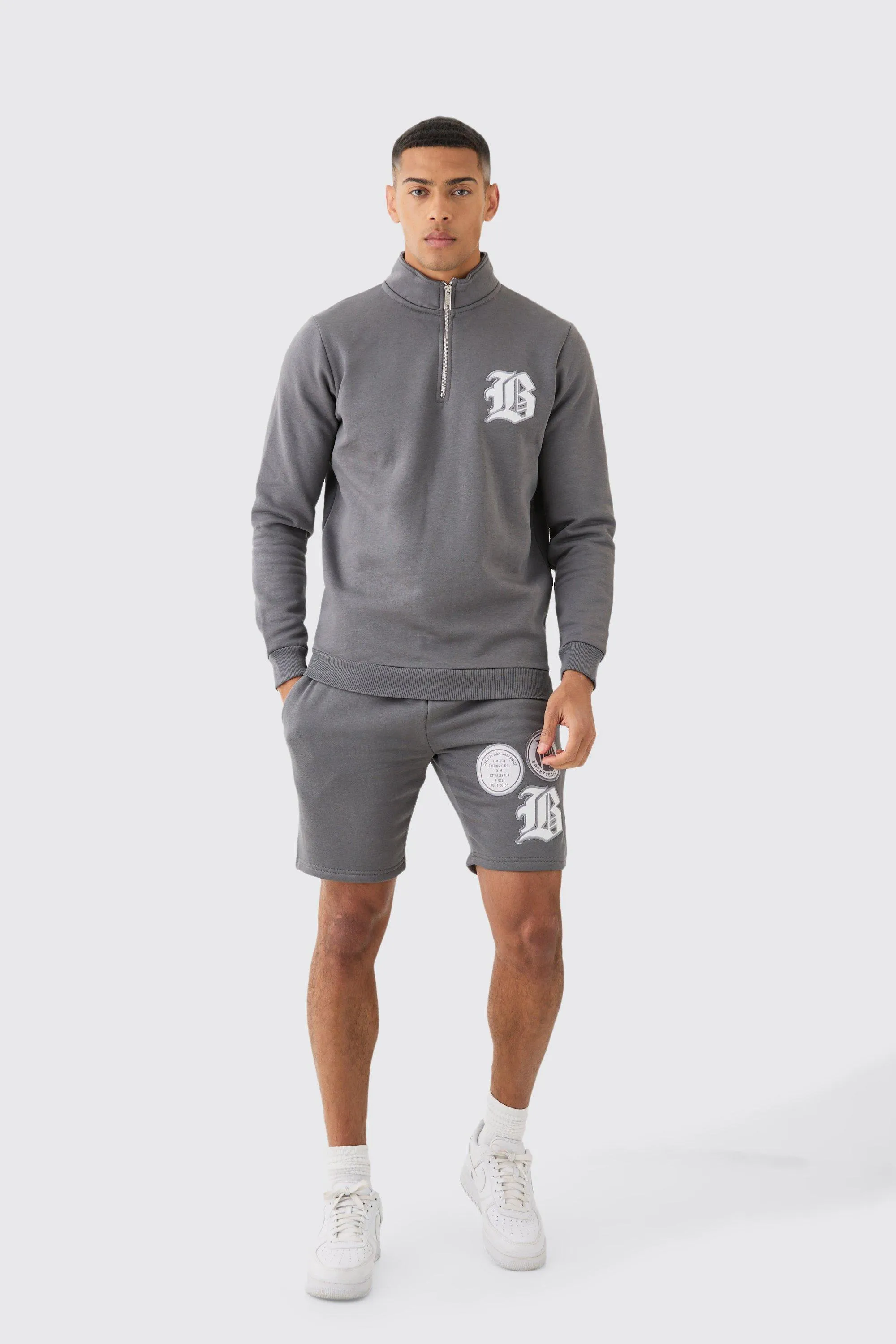 B Applique Funnel Neck Short Tracksuit | boohooMAN UK