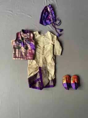 Baby boy set- Rich cotton silk dhoti kurta with premium paithani jacket set with topra and booties