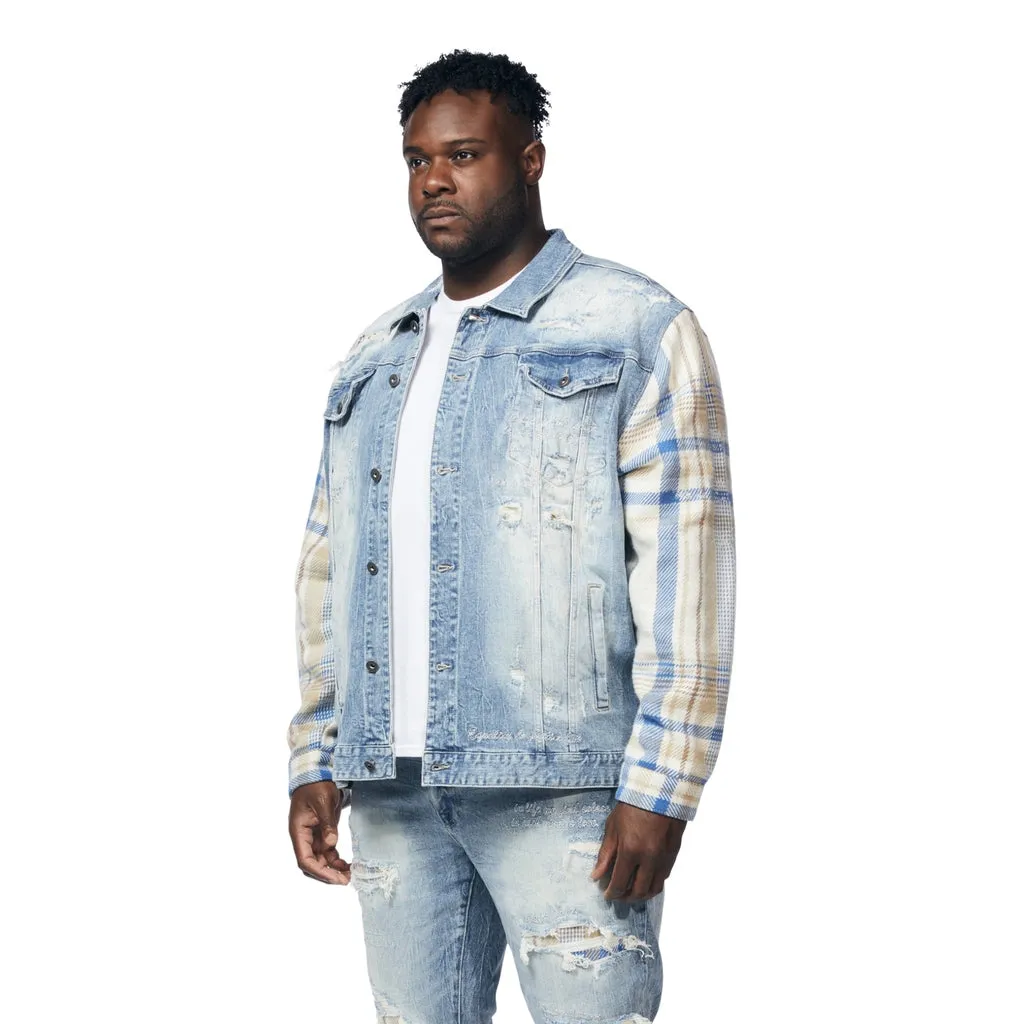 Big and Tall Embroidered Plaid Backed Denim Jacket - Lowell Blue