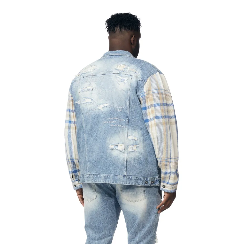 Big and Tall Embroidered Plaid Backed Denim Jacket - Lowell Blue