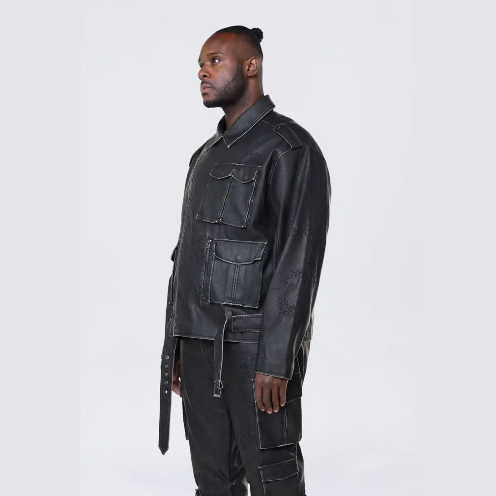 Big and Tall - Washed Vegan Leather Biker Jacket - Washed Black