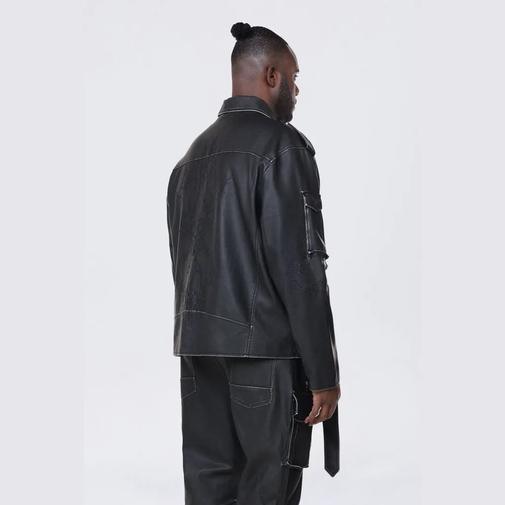 Big and Tall - Washed Vegan Leather Biker Jacket - Washed Black