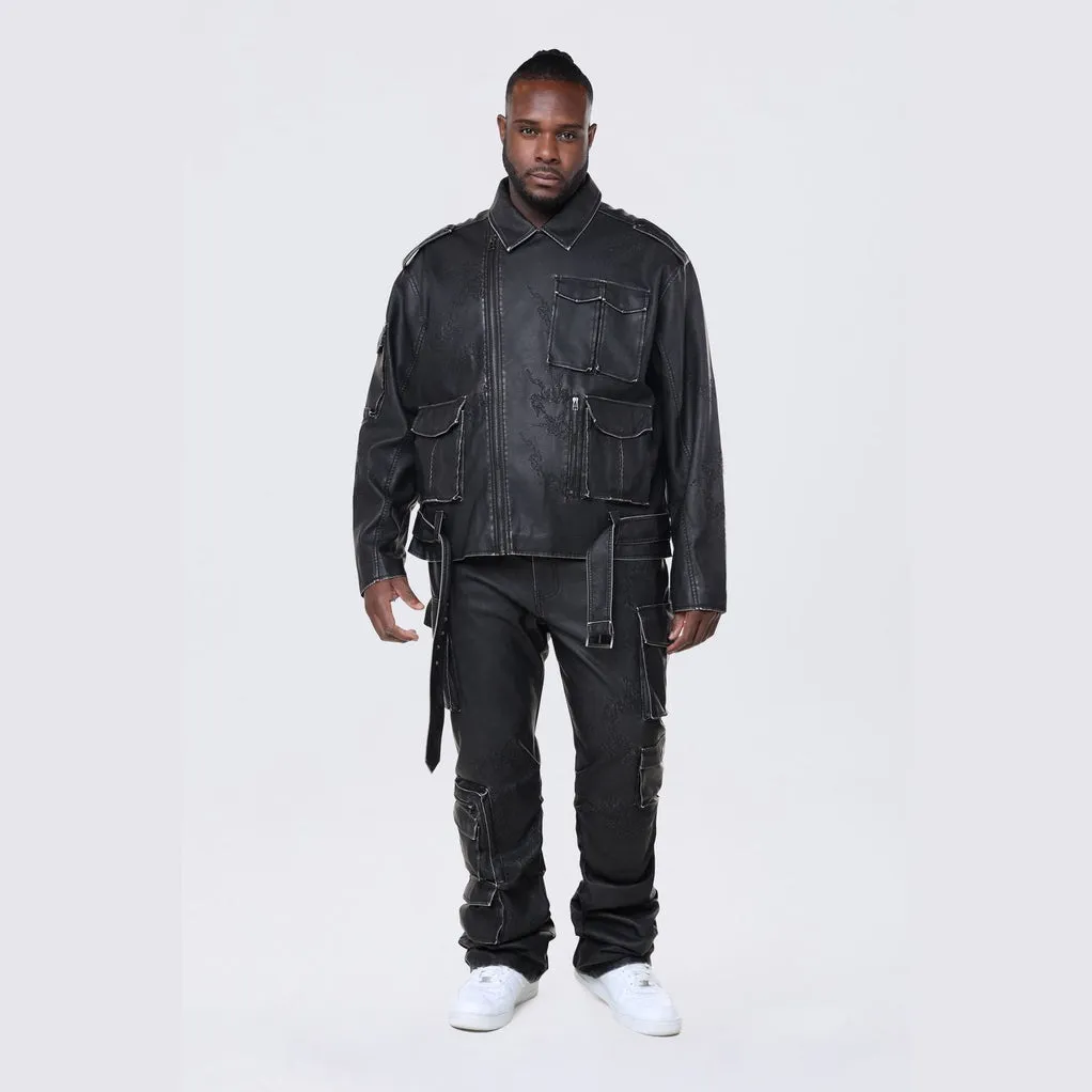 Big and Tall - Washed Vegan Leather Biker Jacket - Washed Black