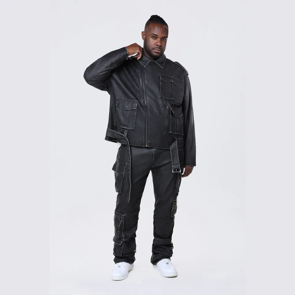 Big and Tall - Washed Vegan Leather Biker Jacket - Washed Black