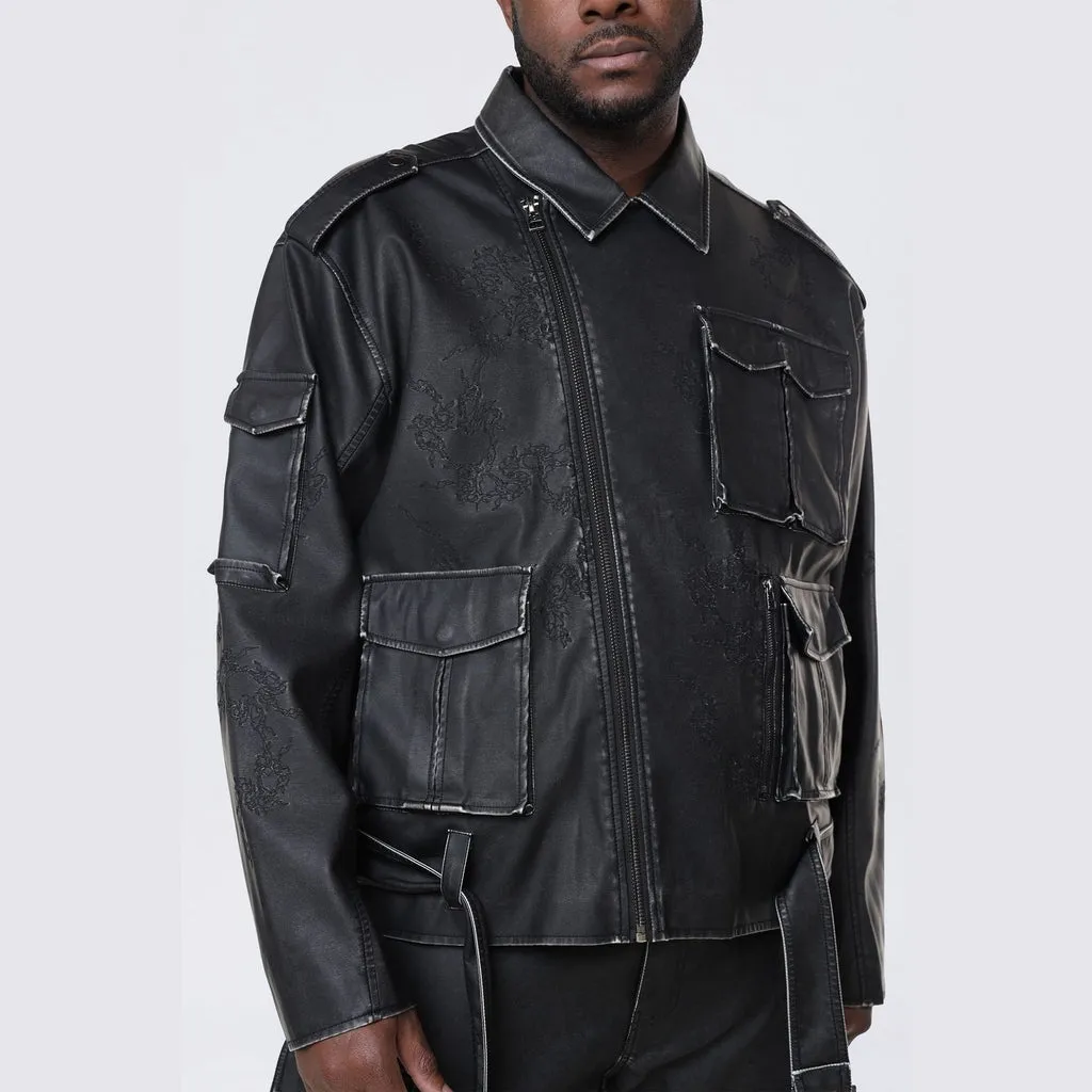 Big and Tall - Washed Vegan Leather Biker Jacket - Washed Black