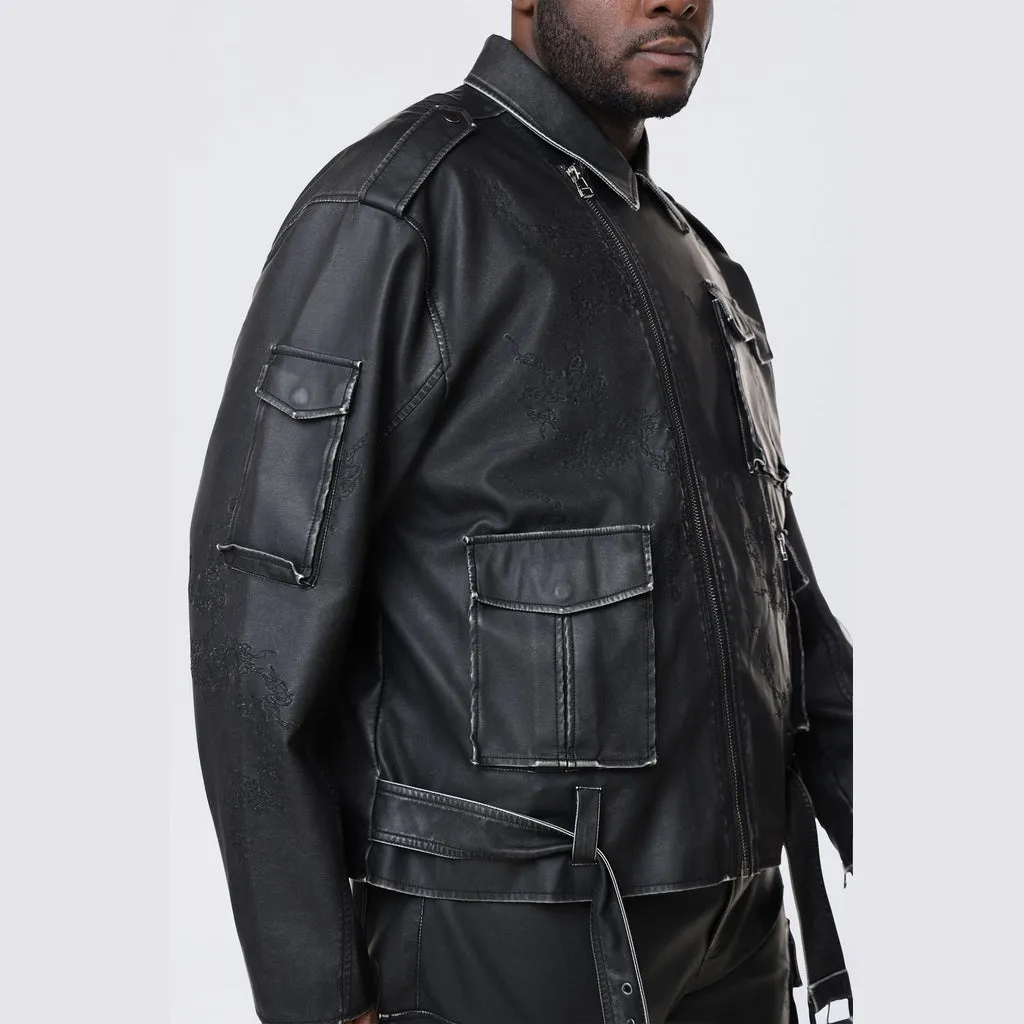 Big and Tall - Washed Vegan Leather Biker Jacket - Washed Black