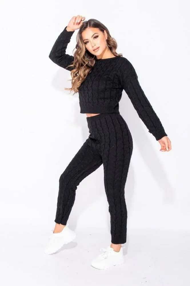 Black Cable Knit Jogger Lounge Set