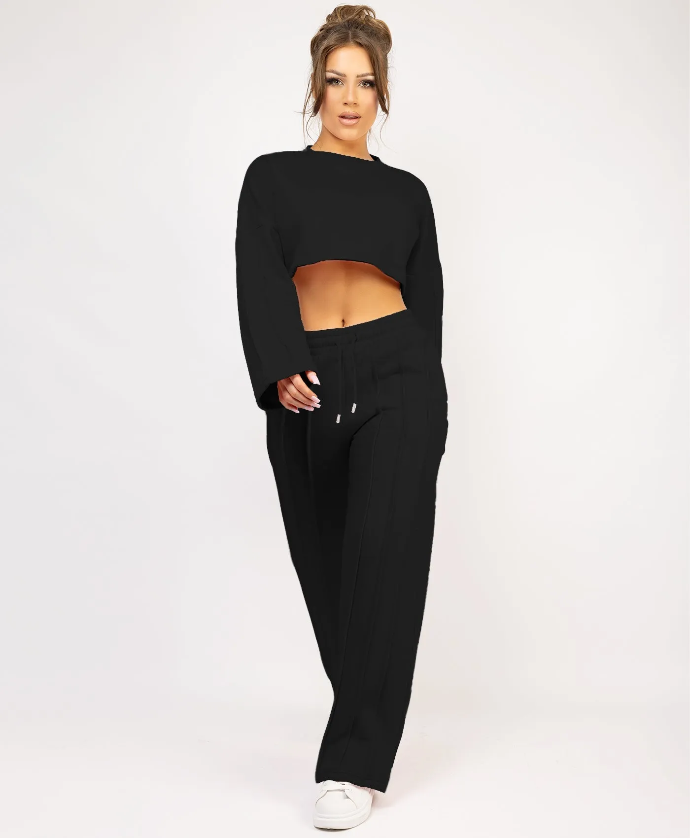 Black Cropped Sweatshirt And Pintuck Detail Joggers Tracksuit