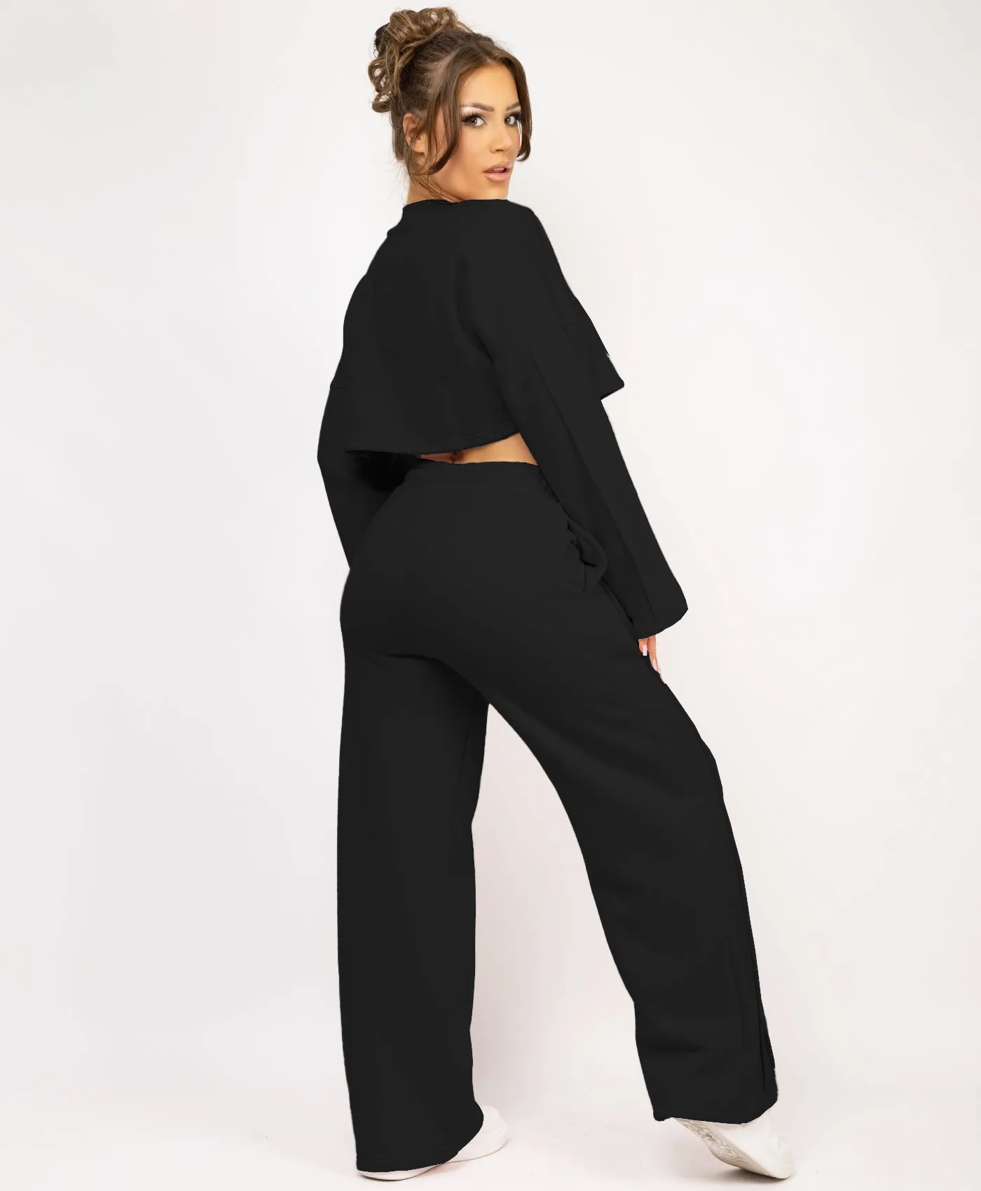 Black Cropped Sweatshirt And Pintuck Detail Joggers Tracksuit