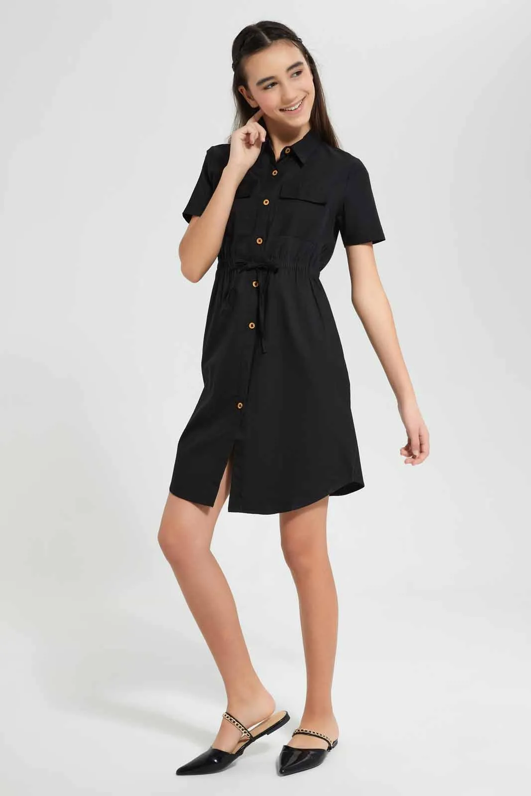 Black Front Tie Shirt Dress