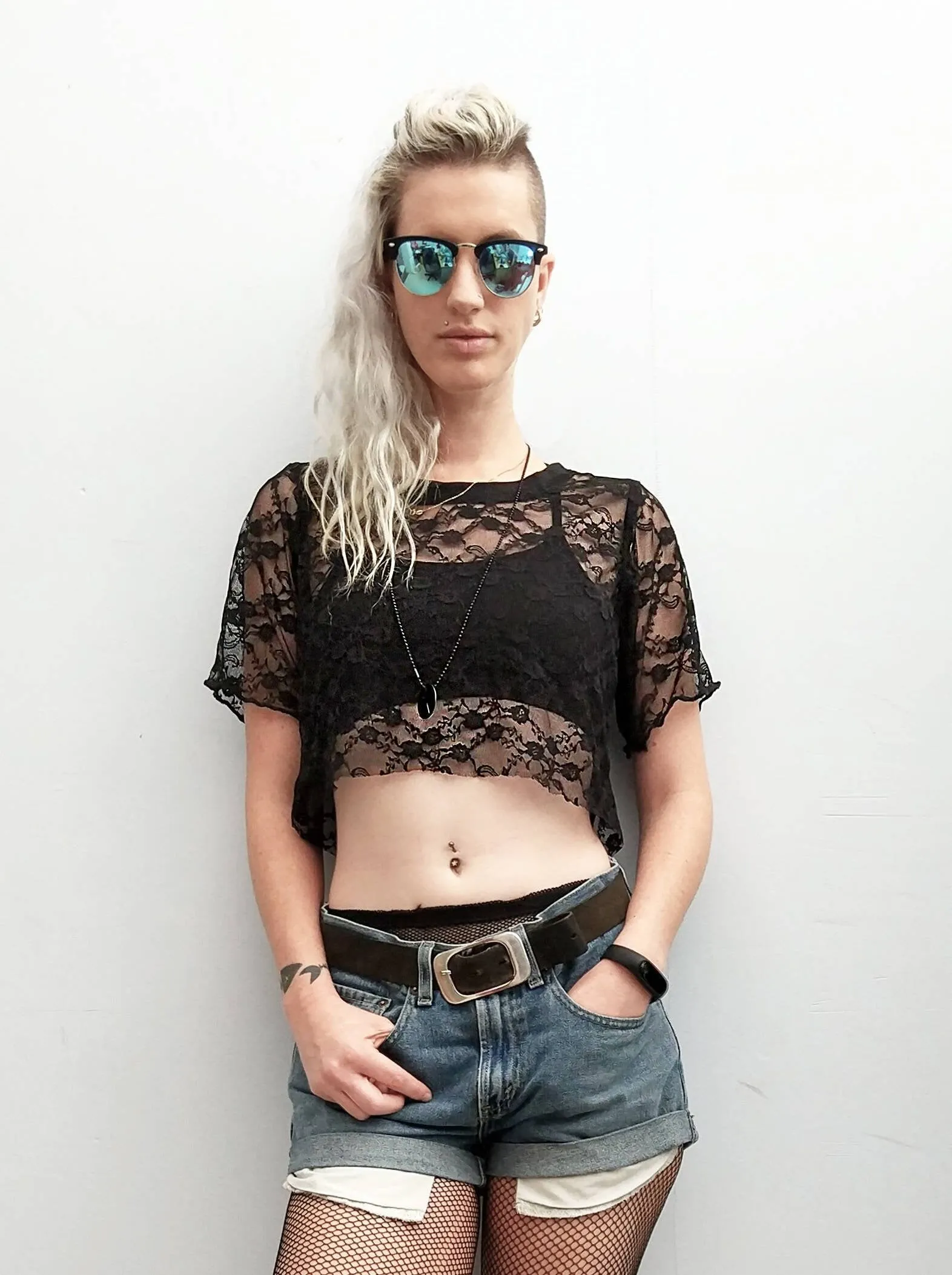 Black relaxed fit lace mesh crop top