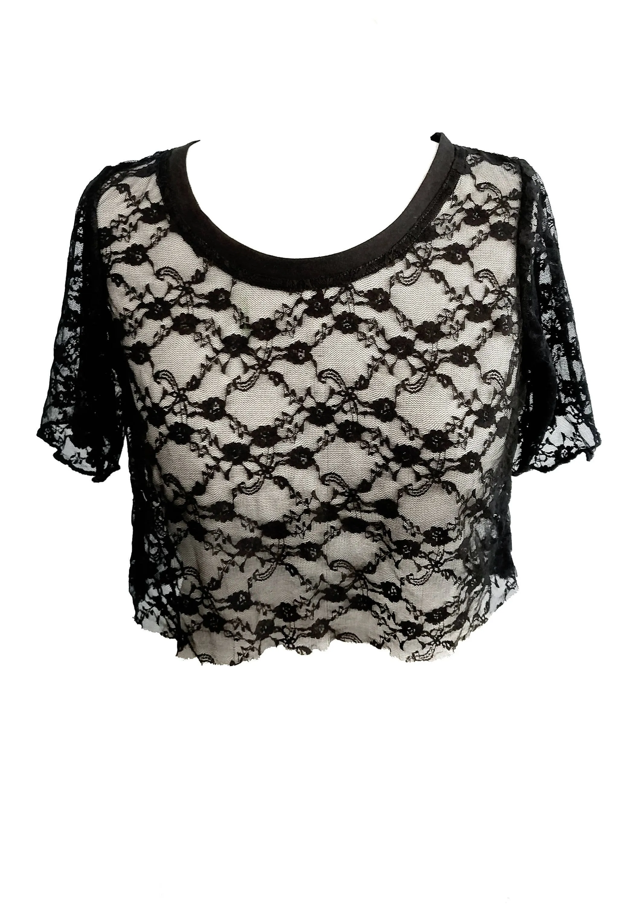 Black relaxed fit lace mesh crop top