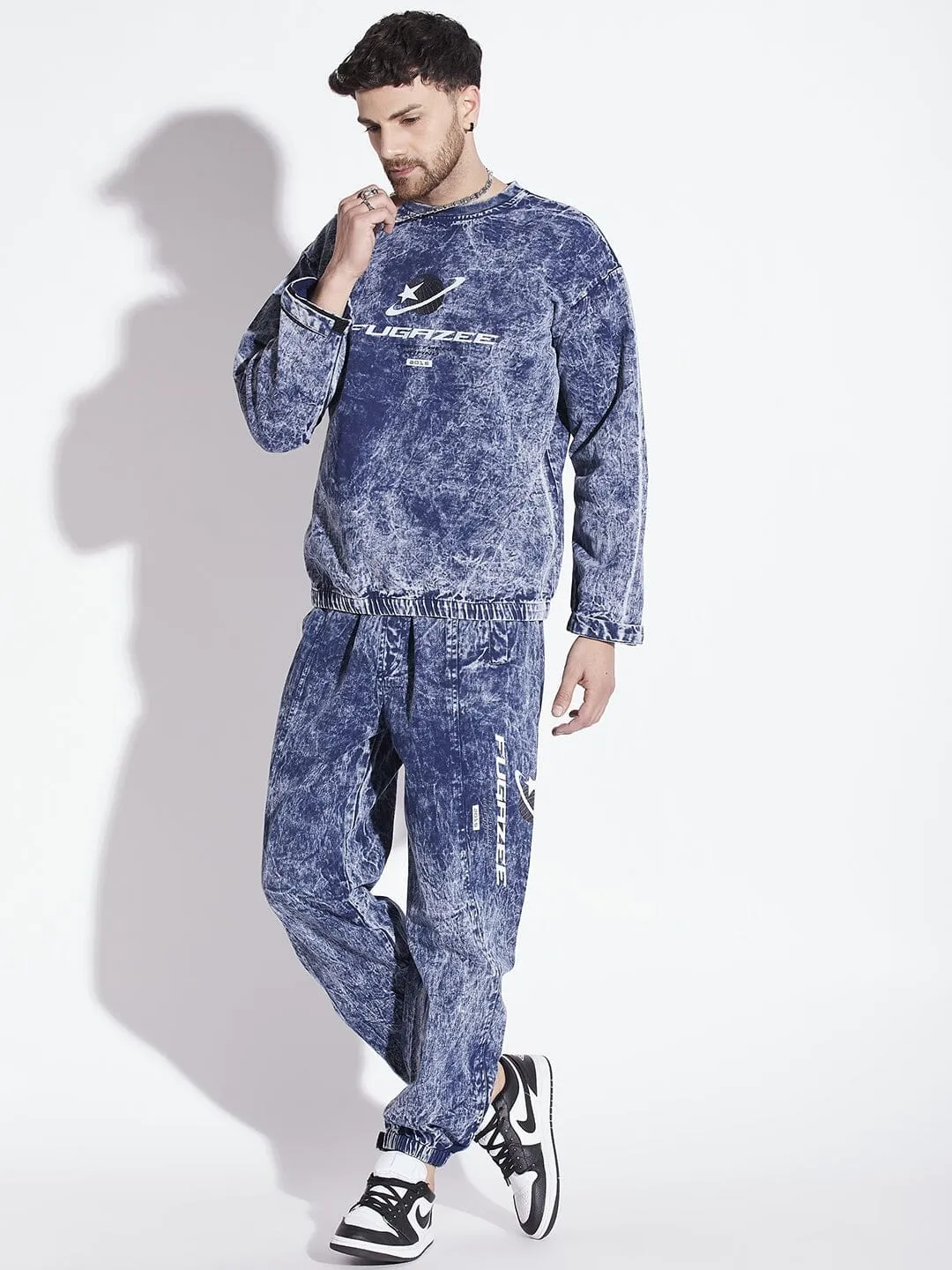 Blue Acid Washed Sweatshirt & Jogger Combo Tracksuit