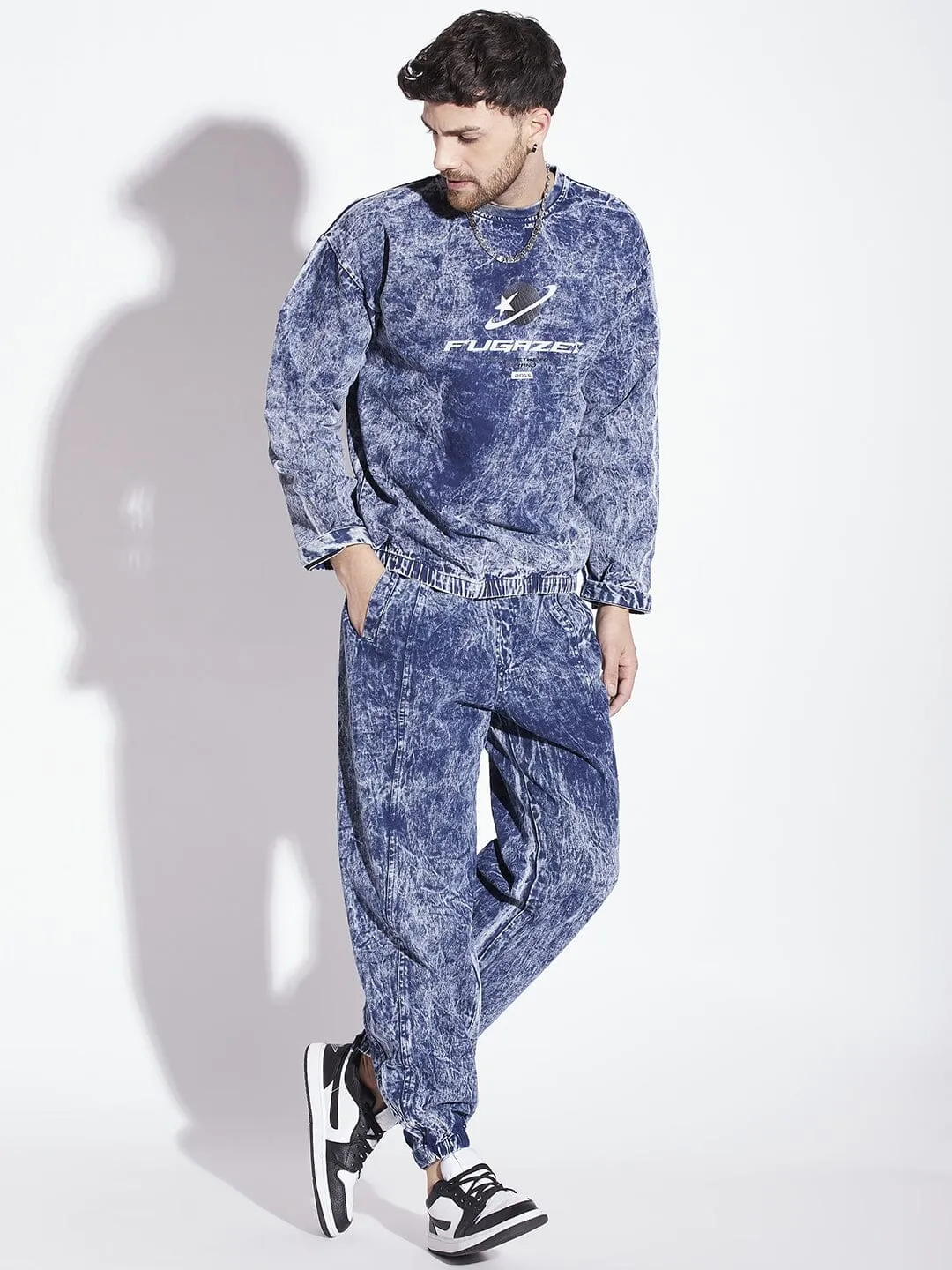 Blue Acid Washed Sweatshirt & Jogger Combo Tracksuit