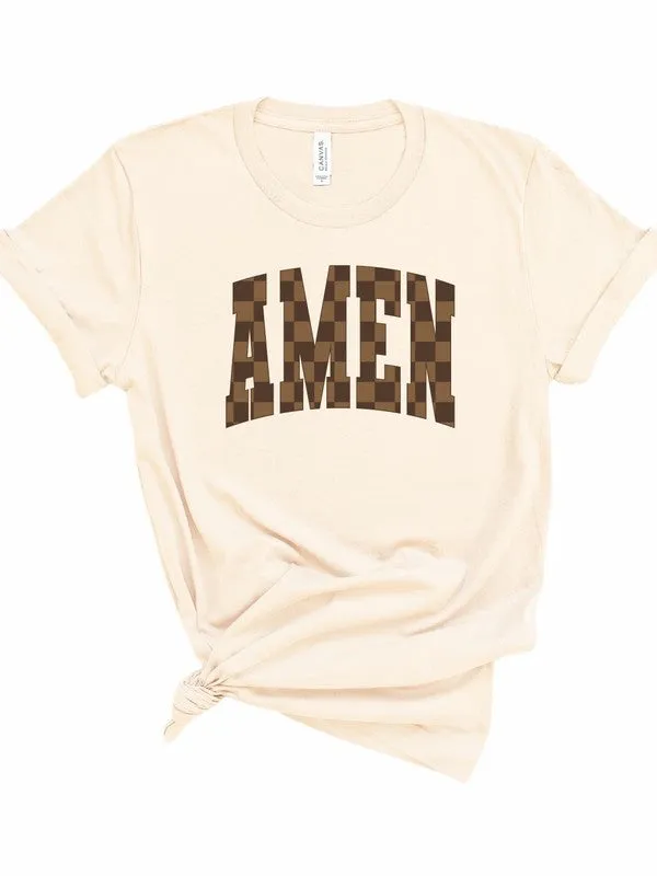 Brown Checkered AMEN Graphic Tee