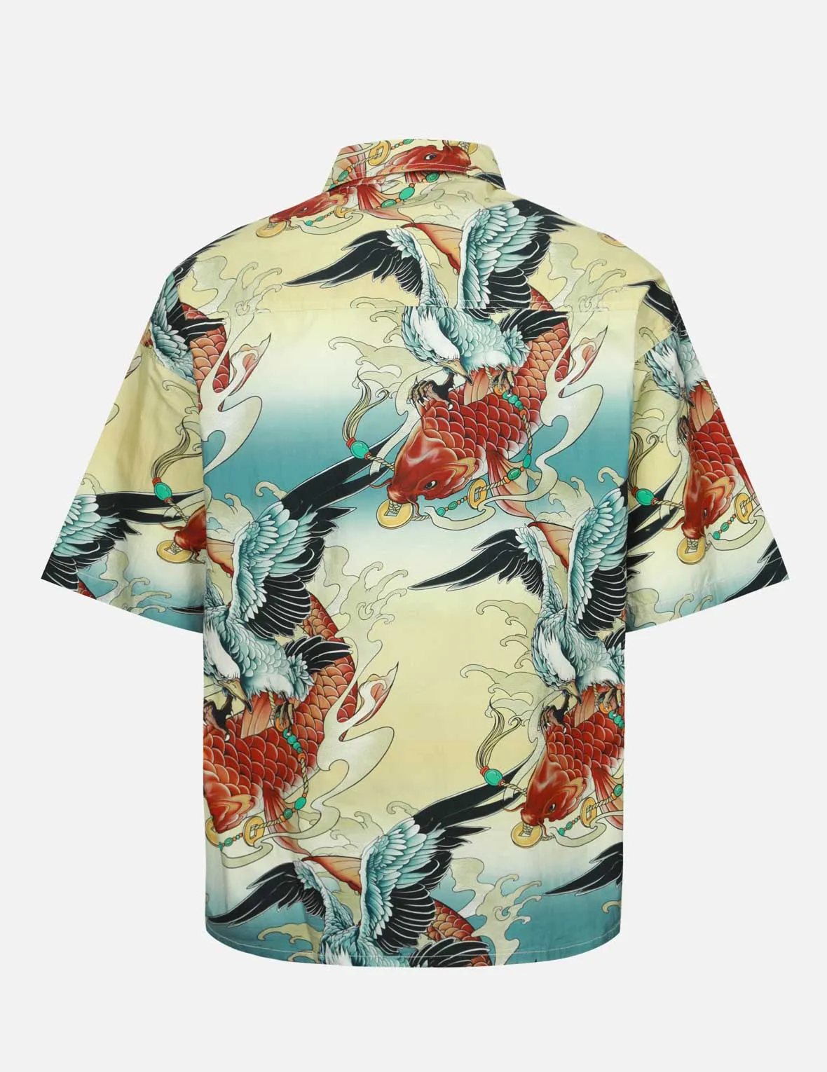 Colorful Seagull and Carp Print Loose Fit Short Sleeve Shirt