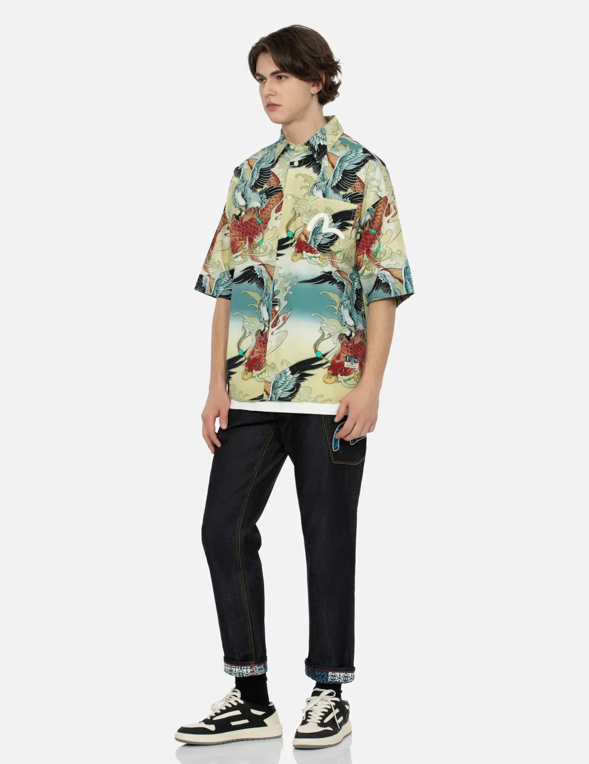 Colorful Seagull and Carp Print Loose Fit Short Sleeve Shirt