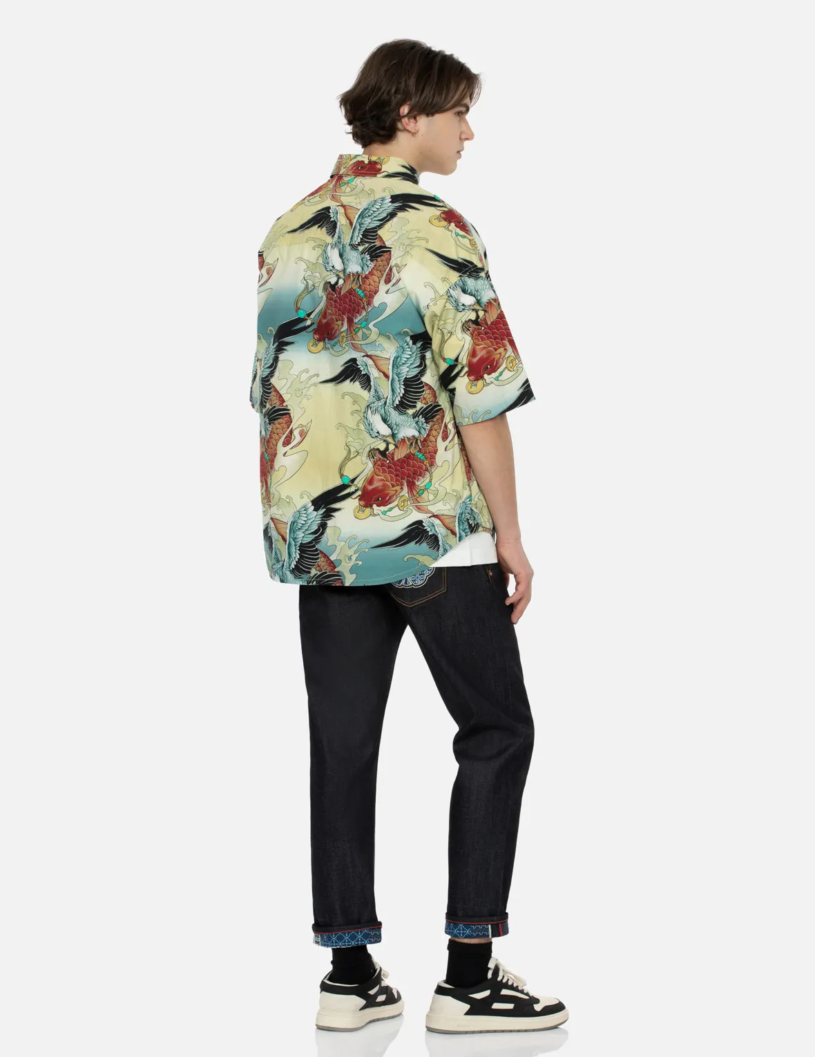 Colorful Seagull and Carp Print Loose Fit Short Sleeve Shirt