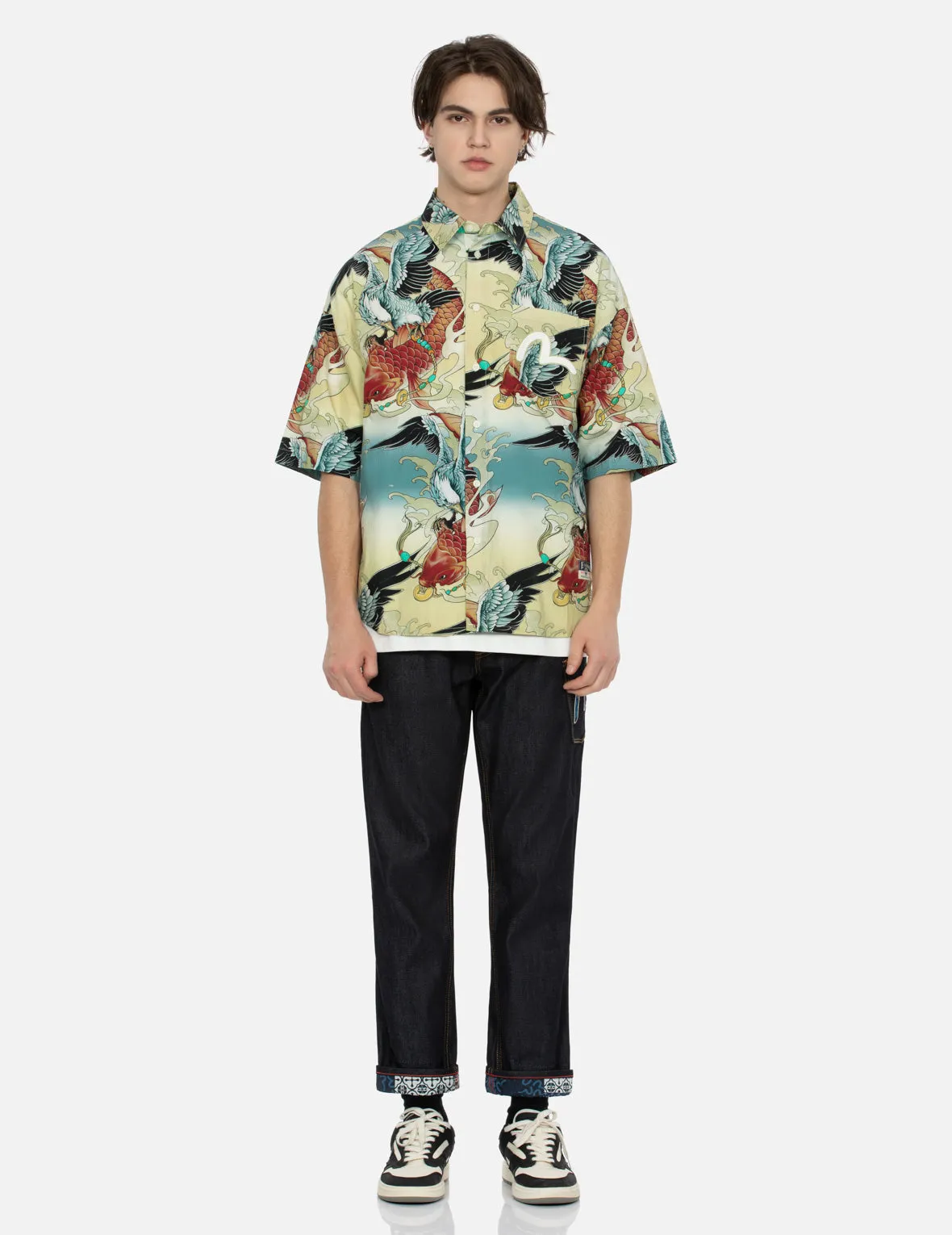 Colorful Seagull and Carp Print Loose Fit Short Sleeve Shirt