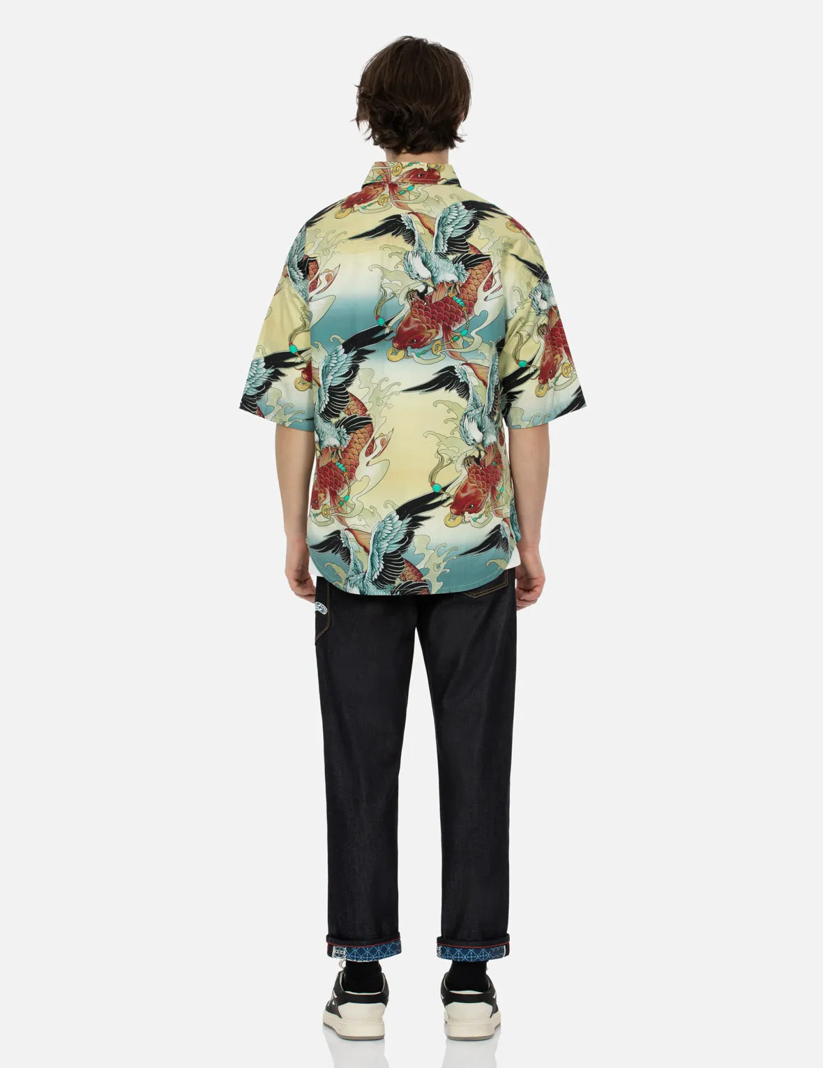 Colorful Seagull and Carp Print Loose Fit Short Sleeve Shirt