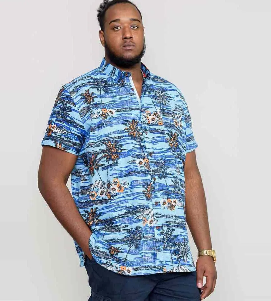 D555 Tall Mens Blue Short Sleeve Shirt With Hawaiian Print (CHARFORD)