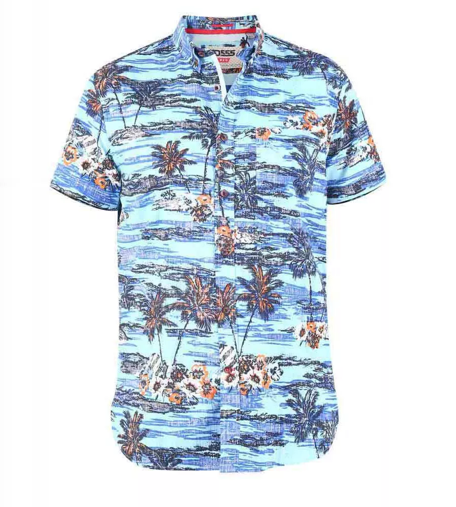 D555 Tall Mens Blue Short Sleeve Shirt With Hawaiian Print (CHARFORD)