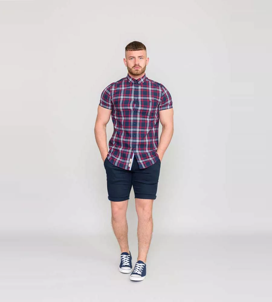 D555 Tall Mens Navy/Red Check Shirt With Short Sleeves (RIPLEY)