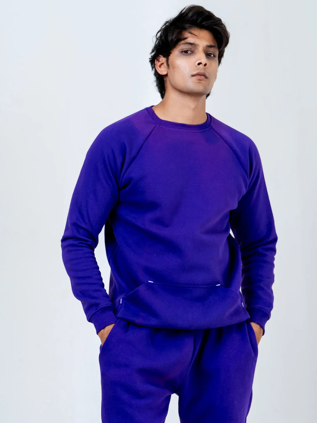 Dark Purple Round Neck Sweatshirt With Jogger Co-ord Set