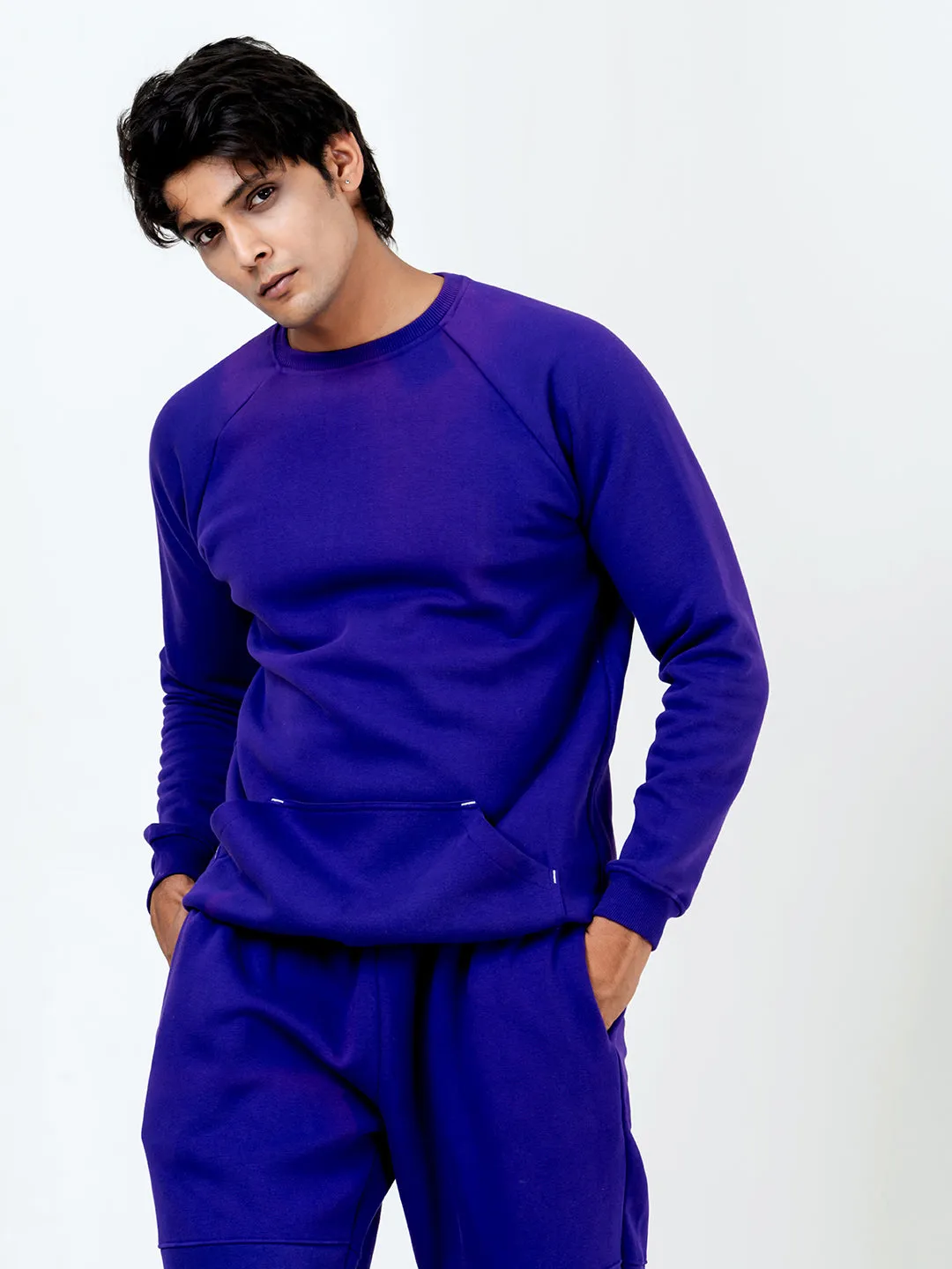 Dark Purple Round Neck Sweatshirt With Jogger Co-ord Set