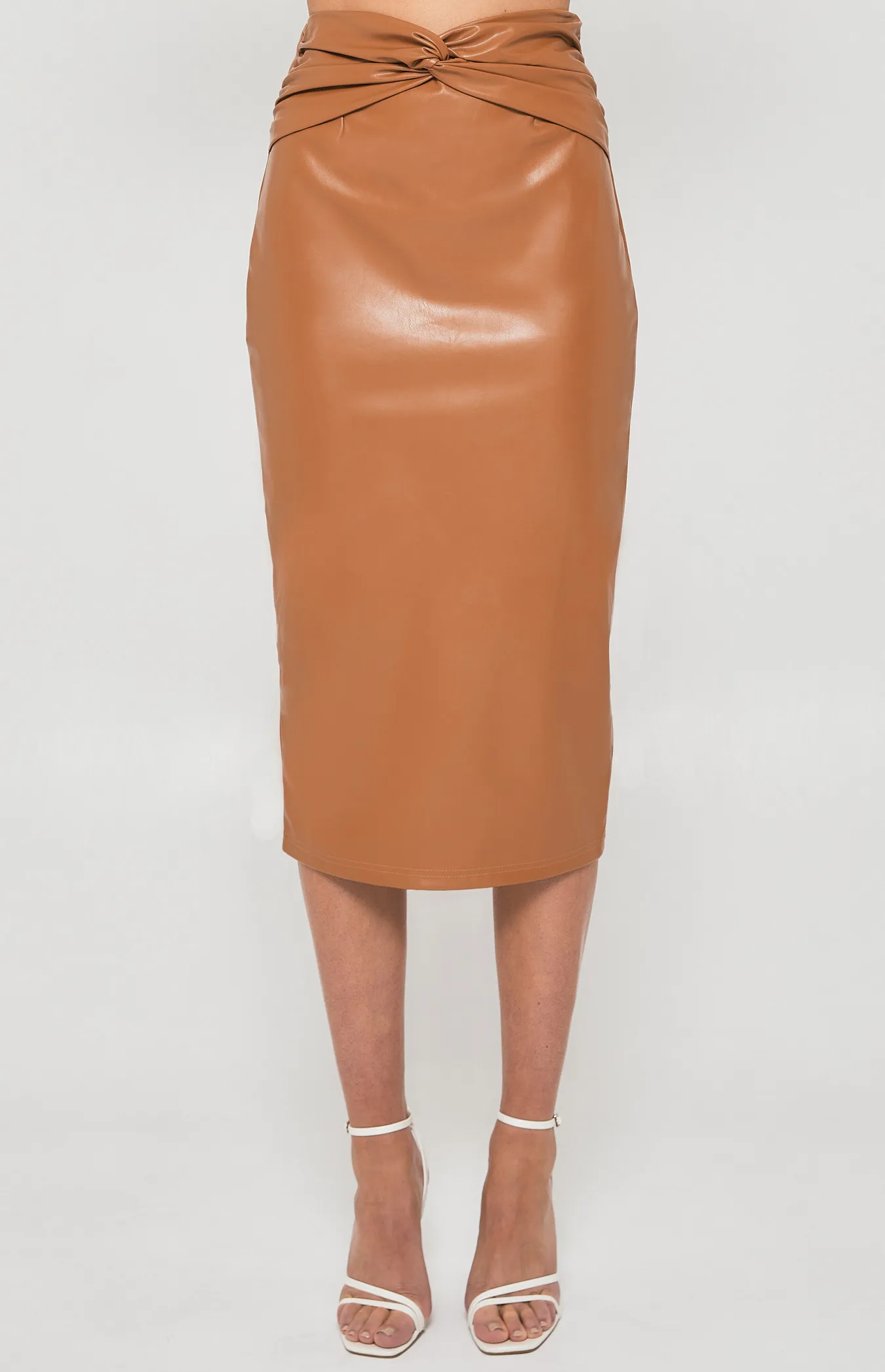 Faux Leather Midi Skirt with Knot Front Detail (SSK362B)