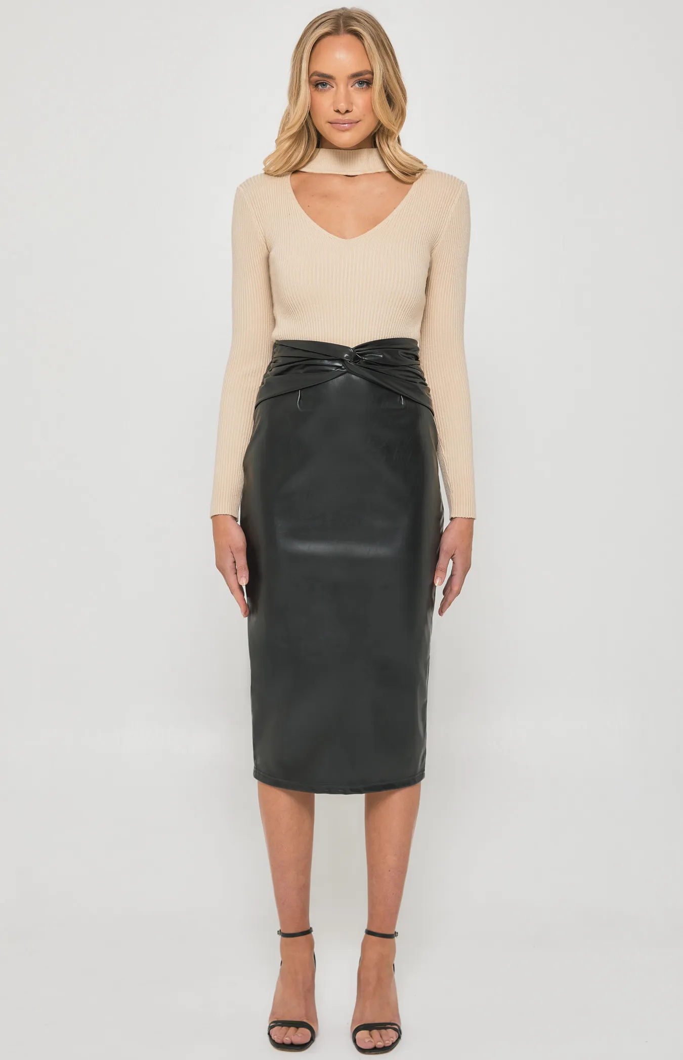 Faux Leather Midi Skirt with Knot Front Detail (SSK362B)